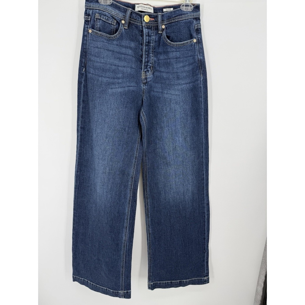 Scotch & Soda Wide Leg Jeans Women Sz 27 High Rise Dark Wash Denim Stretch Blue